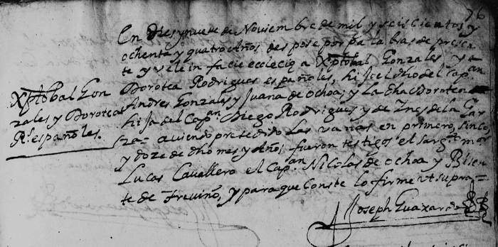 Marriage of Cristobal Gonzalez and Dorote Rodriguez, FamilySearch, Monterrey, 1684 Pg 32
