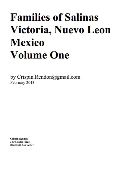 Families of Salinas Victoria, Nuevo Leon, Mexico Volume One