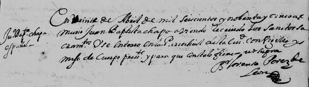 1695 Death Record Juan Bautista Chapa