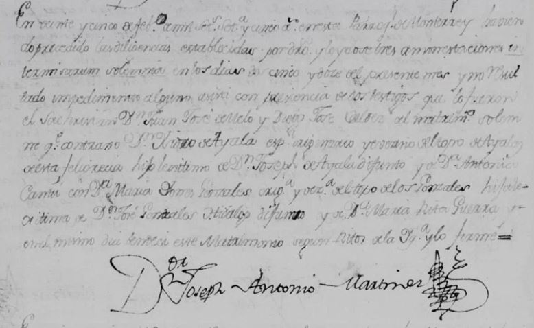 1775 Marriage of Jospeh Isidro de Ayala and Maria Ines Gonzalez