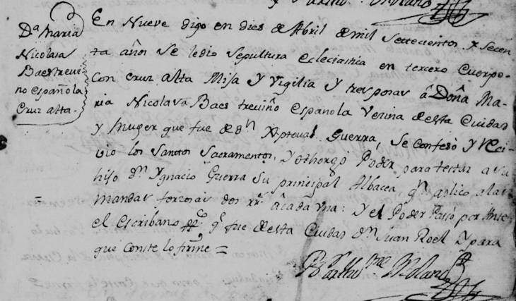 Death Record of Nicolas Baes de Trevino