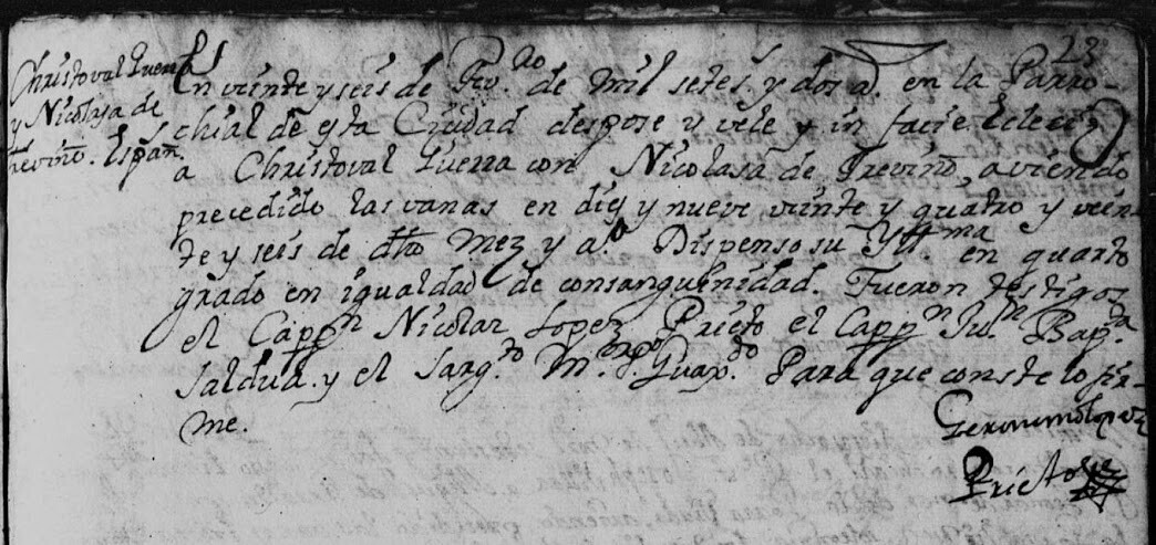 Cristobal Guerra Canamar and Nicolasa de Trevino, FamilySearch, Monterrey, Catedral, Matrimonios 1667-1800 Pg. 70