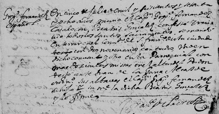 Gregorio Fernandez de Tijerina Death Record FamilySearch, Monteery, N.L. 1668 Pg6-700