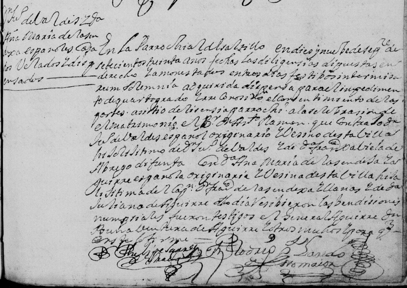Juan Valdez Abrego and Ana Maria Sendeja Llanas FamilySearch, Saltillo, Coahuila, Mexico 1730 Pg. 180