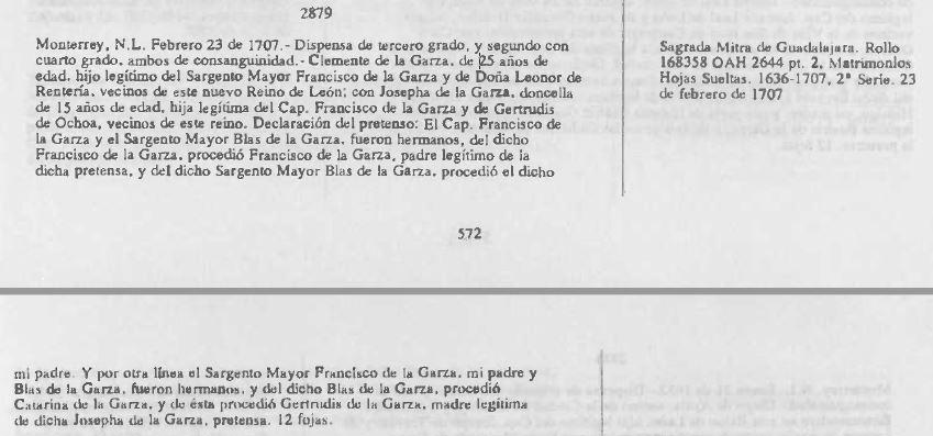 1707 Marriage Dispensation of Clemente de la Garza and Josefa de la Garza