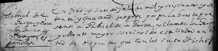 Gabriel de la Garza and Clara de la Garza, FamilySearch Nuevo Leon, Catedral, Marriage1675 Pg. 17 Part 1