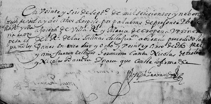 1692 Marriage of Joseph Villarreal and Maria Oropeza in Monterrey, Nuevo Leon, Mexico
