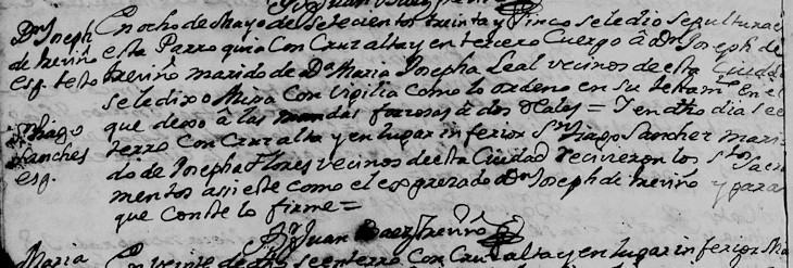 1735 Death Record of Joseph de Trevino in Monterrey, Nuevo Leon, Mexico