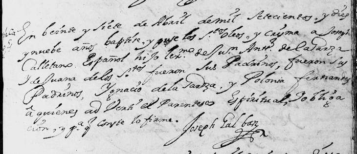 1719 Baptism of Joseph Cayetano de la Garza in Monterrey, Nuevo Leon, Mexico