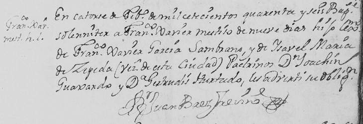 1746 Baptism of Francisco Xavier Garcia in Monterrey, Nuevo Leon, Mexico