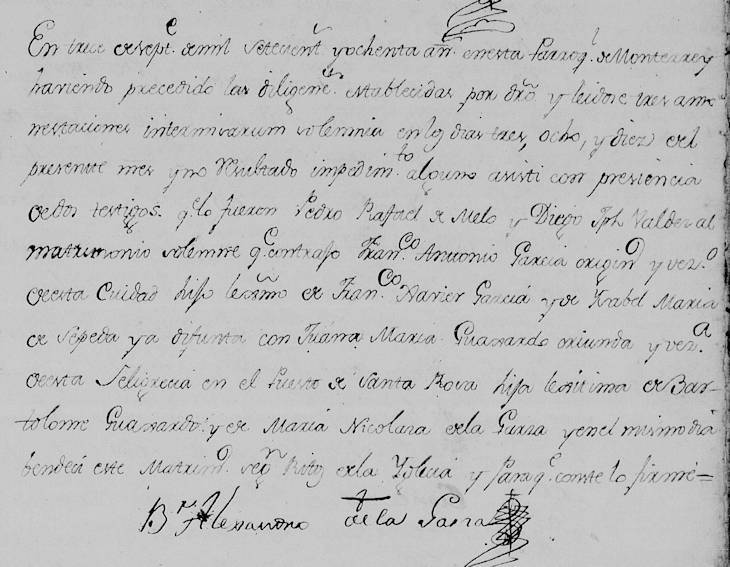 1780 Marriage of Franciso Javier Garcia and Juana Maria Guajardo in Monterrey, Nuevo Leon, Mexico