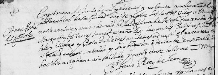 1698 Baptism of Ana Maria Guajardo in Monterrey, Nuevo Leon, Mexico