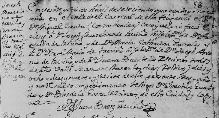 1745 Marriage of Jose Marcelino Trevino and Maria Isabel Trevino