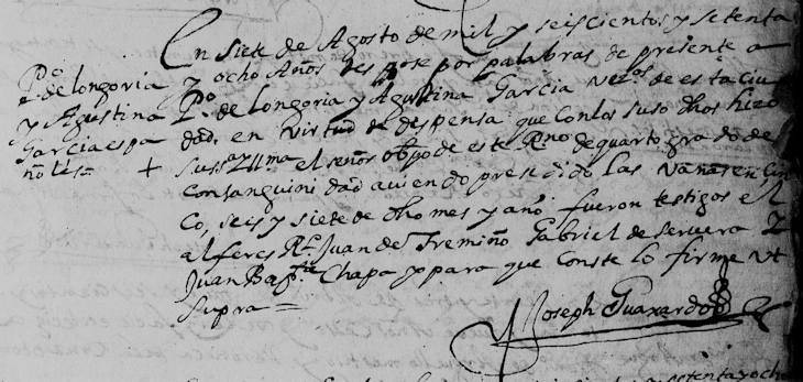 1678 Marriage of Pedro de Longoria and Agustina Garcia