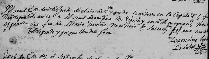 1704 Death Record of Manuel Perez de Oropeza