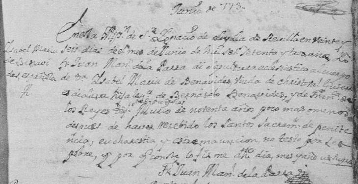 1773 Death Record of Isabel Maria de Benavides