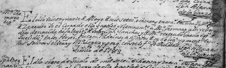 1783 Baptism Record of Maria Tomasa Sanchez
