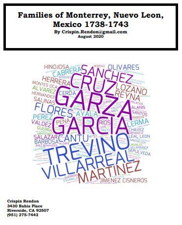 Families of Monterrey, Nuevo Leon, Mexico 1738-1743