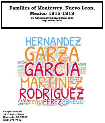 Families of Monterrey, Nuevo Leon, Mexico 1815-1818