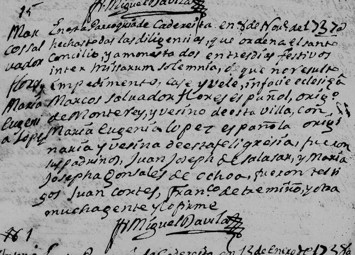 1737 Marriage of Marcos Salvador Flores and Maria Eufemia Lopez