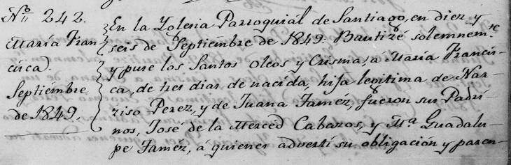 1849 Baptism of Maria Francisca Perez