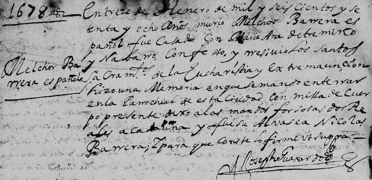 1678 Death Record of Melchor Barrera