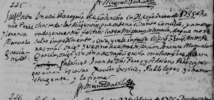 1735 Marriage of Luis Antonio Perez Moya and Manuela Garcia