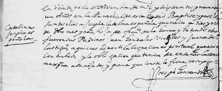 1691 baptism of Maria Josefa Catalina de la Garza