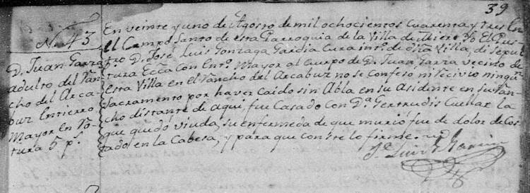 1843 Death Record of Juan Jose Selvera de la Garza Mier