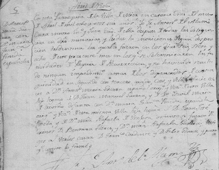 1806 Marriage of Jose Antonio Maria Jesus Guerra and Maria Francisca Pineda