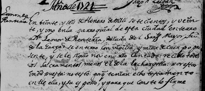 1721 Church Death Record of Leonor Renteria in Monterrey, Nuevo Leon, Mexico 1721 Church Death Record of Leonor Renteria in Monterrey, Nuevo Leon, Mexico