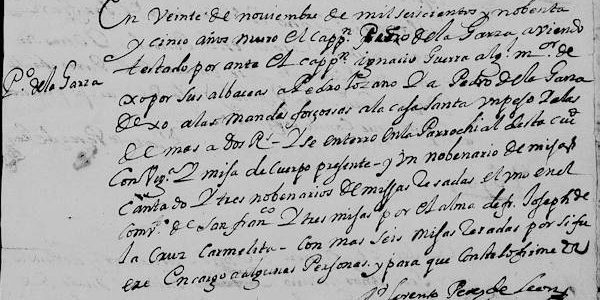 1695 Church Death Record of Pedro de la Garza in Monterrey, Nuevo Leon, Mexico 1695 Church Death Record of Pedro de la Garza in Monterrey, Nuevo Leon, Mexico