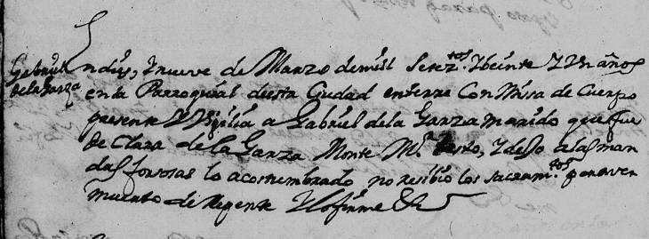 1721 Death Record of Gabriel de la Garza in Monterrey, Nuevo Leon, Mexico
