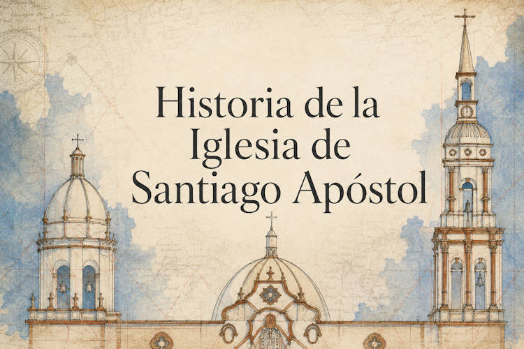 Architectural illustration of the historic Iglesia de Santiago Apóstol in Santiago, Nuevo León
