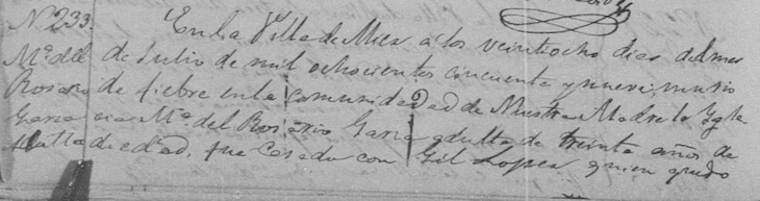 1859 Death Record of Maria del Rosario de la Garza