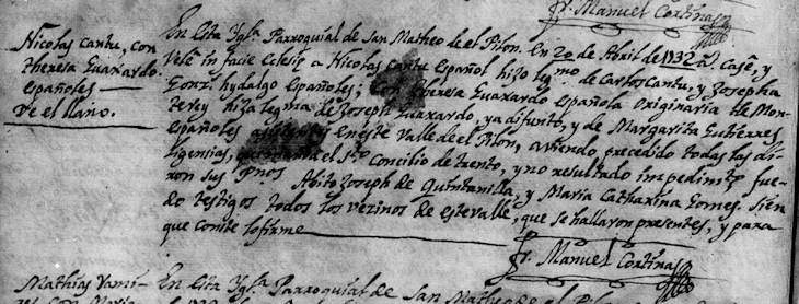 1732 Marriage of Nicolas Cantu and Maria Teresa Guajardo