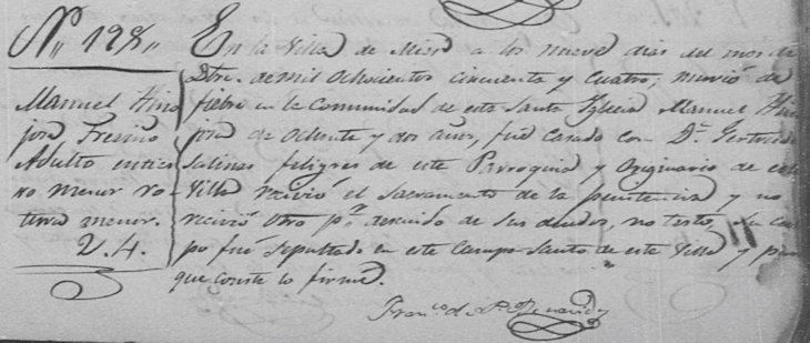 1854 Death Record of Jose Manuel Hinojosa