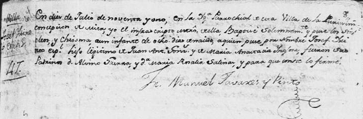 1791 Baptism Record of Jose Irineo Gonzalez de Hinojosa