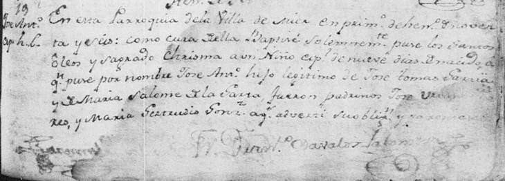 1796 Baptism Record of Jose Antonio Garcia