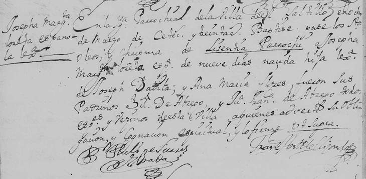 1730 Baptism Record of Maria Josefa Margarita Loreto Davila