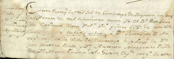 1809 Marriage Juan Jose Sixto Vela and Maria Juana de la Garza