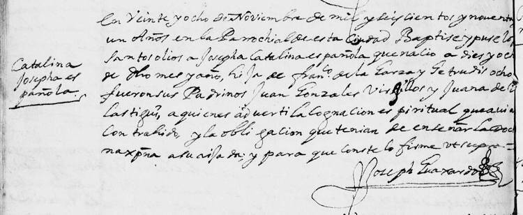 1691 baptism of Maria Josefa Catalina de la Garza