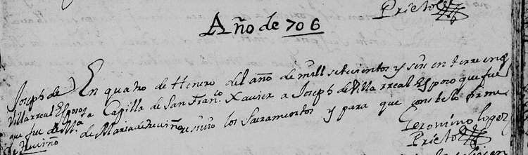 1706 Death Record of Joseph de Villarreal